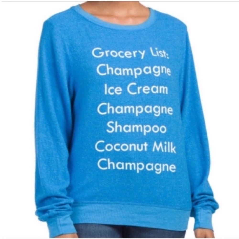 Wildfox sweatshirt blue white grocery list champagne oversized fleece